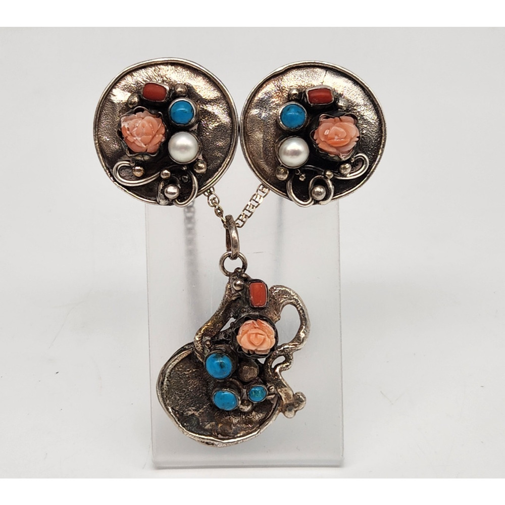 Vintage Southwestern Multi-Stone 950 Sterling Silver Earrings And Pendant Sets